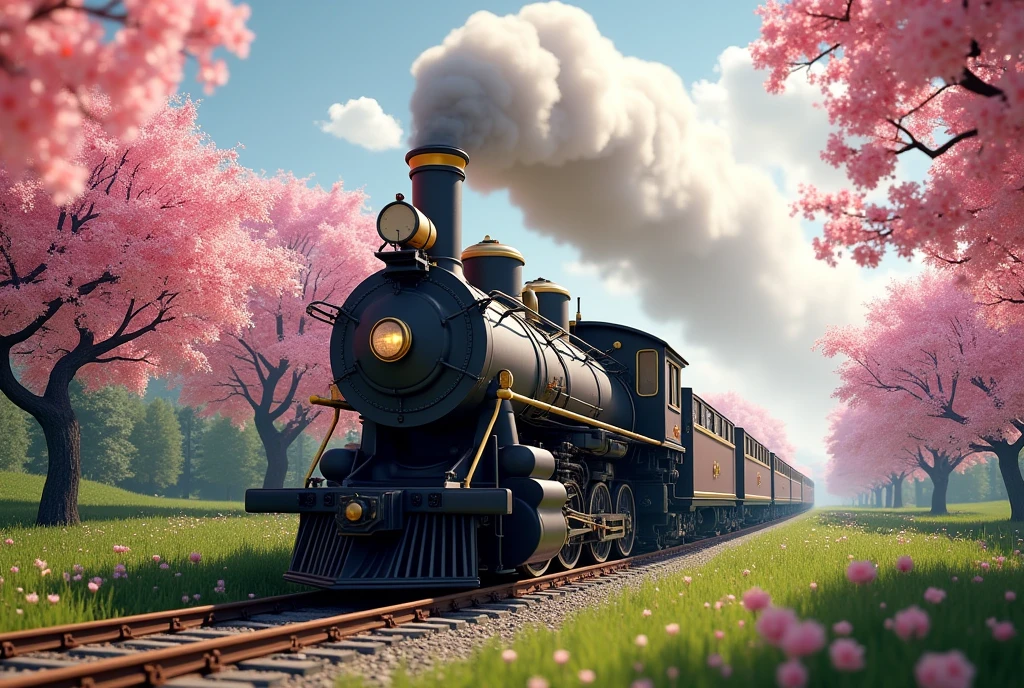 ((masterpiece, highest quality, Highest image quality, High resolution, photorealistic, Raw photo, Extremely detailed CG unified 8k wallpaper)), A retro-designed steam locomotive runs under a bank lined with cherry blossom trees, and petals fall like rain. A beautiful spring landscape photo.