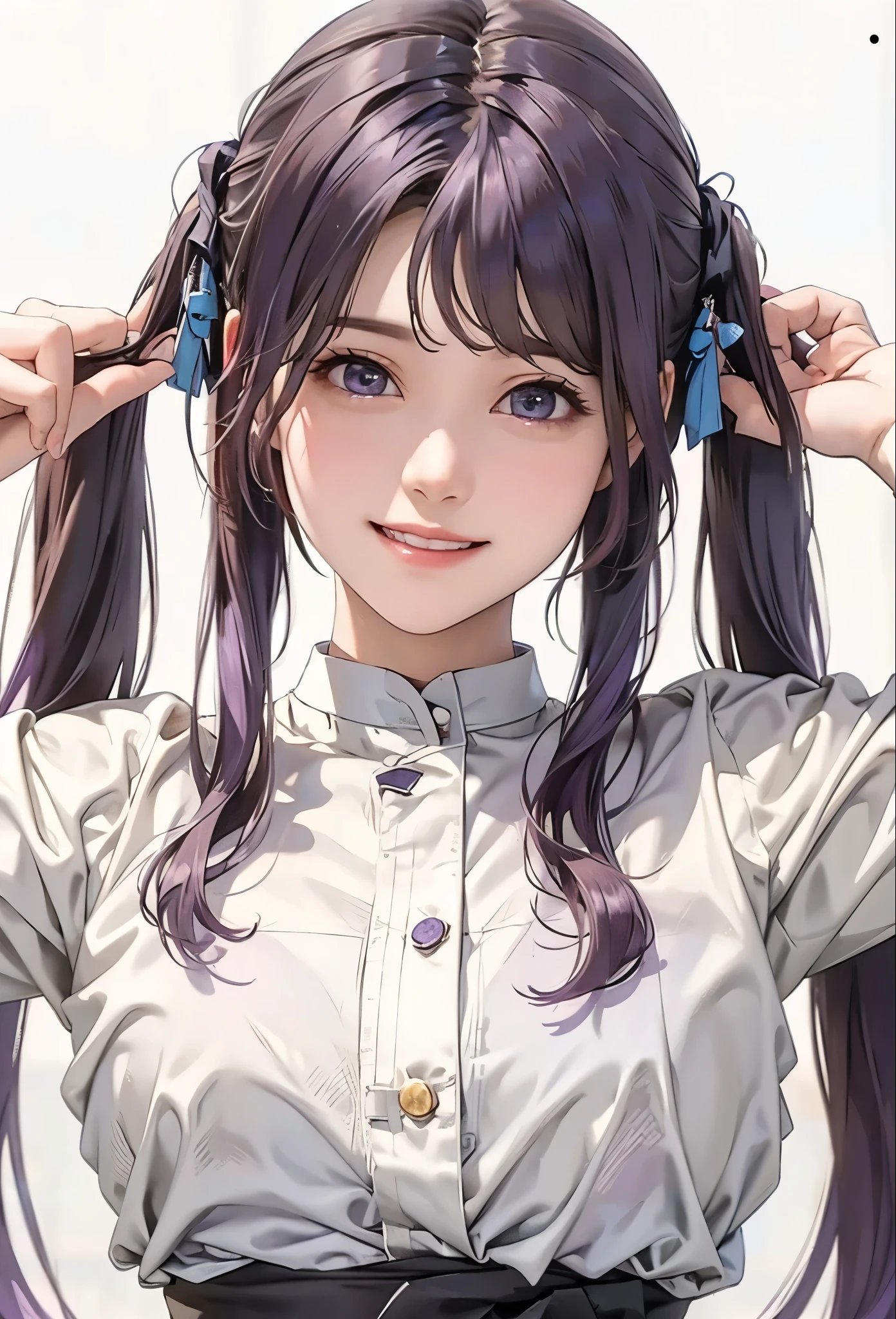 Realistic, Otherwise, masterpiece,  High Quality , ultra-detailed、Purple Hair、smile、 twin tails