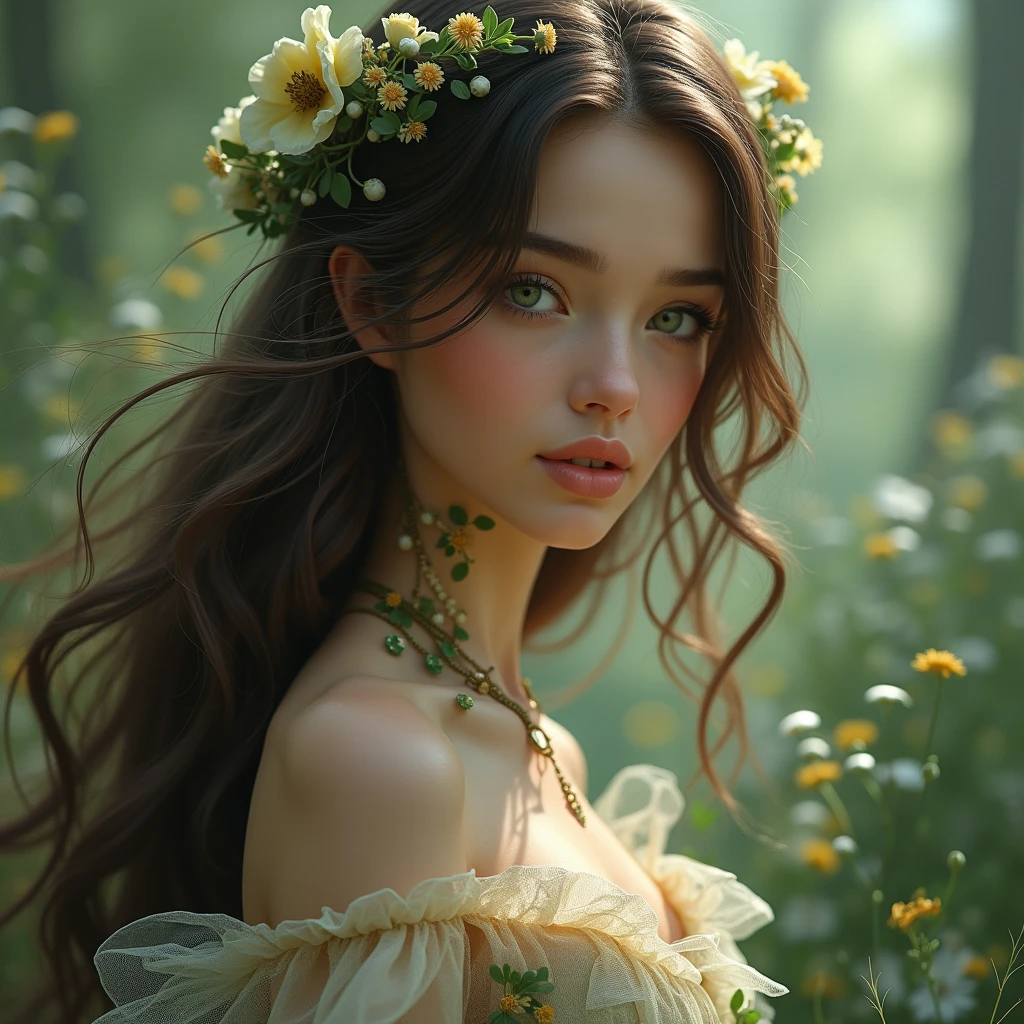 a young woman,wildflower field, glowing neon flowers in bloom, daisies, peonies, whimsical, pink cloud over her head, in the style of surrealistic fantastical, ethereal cloudscapes, psychedelia style, :: high renaissance painting, impressionist painting, monet, chiaroscuro, prismatic lighting, volumetric glitter, splattered paint, rococo pastel pinks and deep blues and white, green grass, candycore, dazzling landscape --ar 2:3 --v 5.2 --style raw --s 333 ...