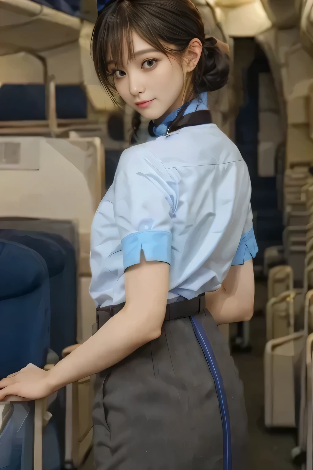 (masterpiece:1.2,  best quality:1.2), 32kHDR,  high resolution for loosely aligning the legs , (Alone、  1 girl)、（ Rooftop of a building during the day 、 Professional Writing ）、  in the background of the roof of the building  、（ANA cabincrew uniform blueを着たリアルスタイル）、（（ ANA flight attendant uniform blue short sleeve blouse  、 ANA flight attendant uniform blue skirt with blue lines on the back、 Scarf around the neck ））、  lots of dark brown hair  、（  long hair、Hair tied up、Hair tied up,  braid summary hair  ）、  lots of dark brown hair  、Long Hit、Big Breasts、Thin legs、（（ Amazing hands ：2.0）），（（  harmonious physique with the roof of the building in the background  ：1.5）），（（Normal limbs：2.0）），（（The usual ：2.0）），（（  Delicate Eyes：2.0）），（（Normal eyes：2.0））)、smile、（ANA cabincrew uniform blueを見せた美しい後ろ姿）、Hands folded under the body 
