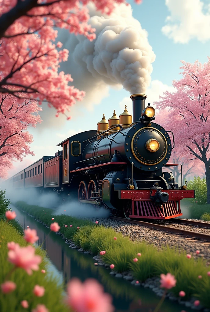 ((masterpiece, highest quality, Highest image quality, High resolution, photorealistic, Raw photo, Extremely detailed CG unified 8k wallpaper)), A retro-designed steam locomotive runs under a bank lined with cherry blossom trees, and petals fall like rain. A beautiful spring landscape photo.