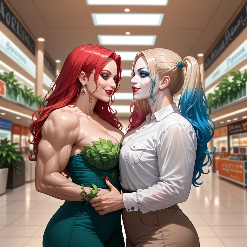 2girls, Masterpiece 35mm raw bokeh shot of (Harley Quinn), and (poison ivy), beautiful women, long hair, huge muscles, intricate details, perfect ratios, no_makeup, shopping at the mall 