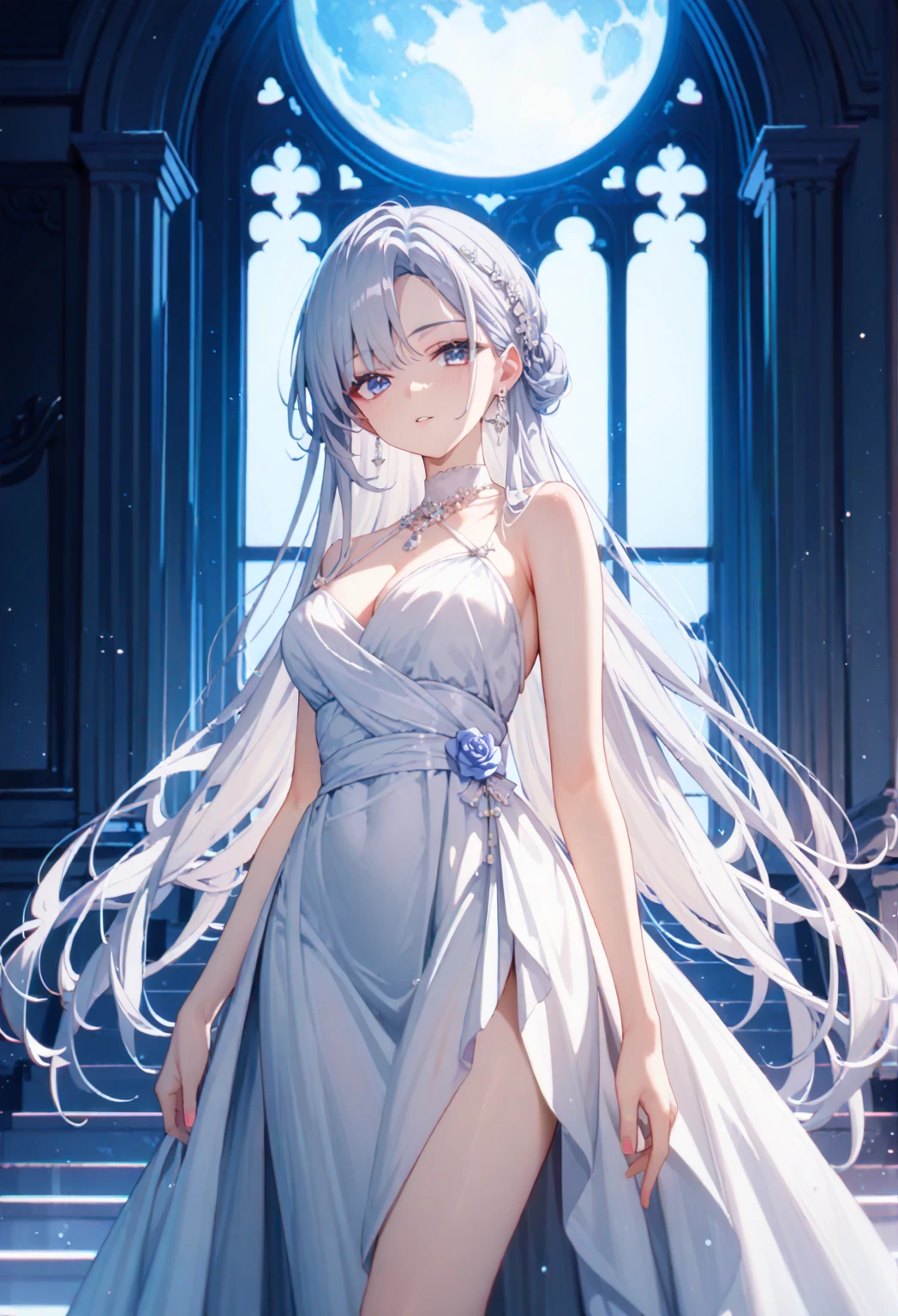 prinz eugen \(warship girls r\),1lady solo, standing, (evening dress) stylish, long hem, (mature female:0.8), bangs, kind smile, (masterpiece best quality:1.2) delicate illustration ultra-detailed, large breasts BREAK (luxury venue) indoors, chandelier, detailed background,blue long hair(delicate eyes),(red eyes),beautiful hair, Short twin tails, No shoulder strap , Strapless dress , hair tying, double tails, two hand ,