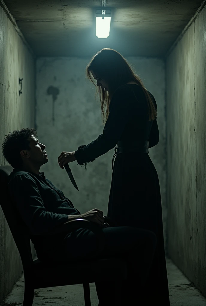 Red long low ponytail, green eyed, serial killer woman wearing a tight black top and a plaid skirt. accessorizing with high heels and fishnet stockings. She is holding a bloody knife. An evil smile across her crimson lipgloss covered lips.she is torturing her victim, a young man who is tied to a chair. He is scared.