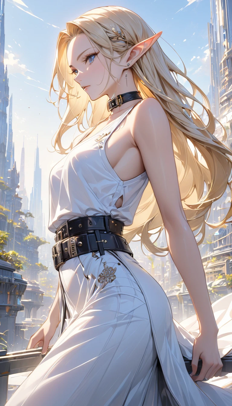 (((Best quality, 8k, Masterpiece: 1.3)), ((best quality)), ((masterpiece)), (detailed), perfect face, perfect body, (detailed skin:1.3), (intricate details), Elf, pointy ears, blonde hair, slicked back, ((jacket)), white tank top, Long skirt, wide belt, buckle, Choker, Sidelong glance, near-future city, Fashion model