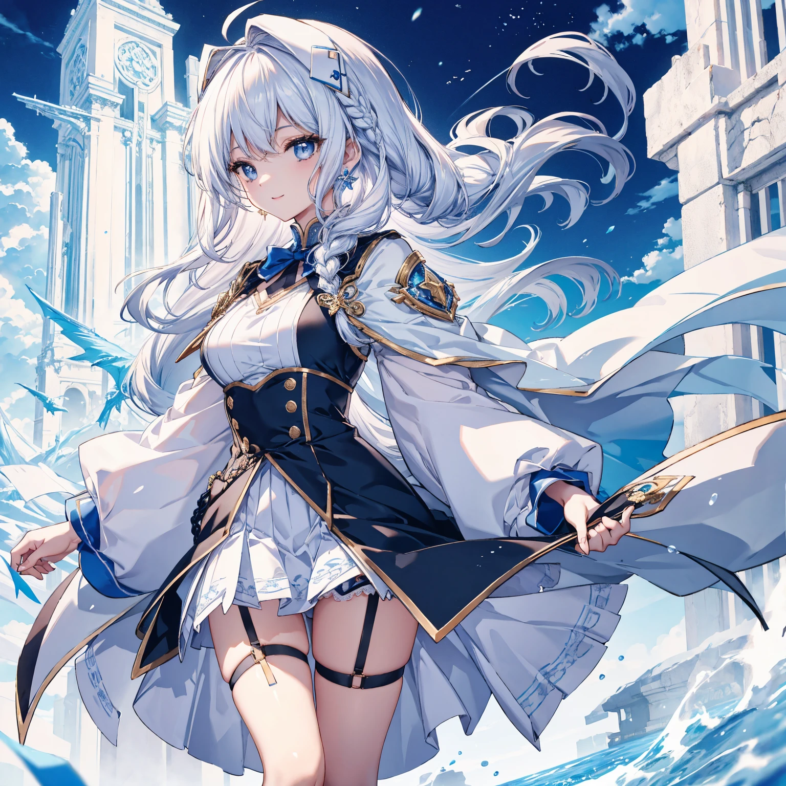 Girl with blue and white hair，Wearing a thick white coat，Large lapels，Black underwear，Purple eyes，Industrial style clothing，From the maiden front，From the Ark of Tomorrow，Blue strap decoration，Bust，Half-buttoned coat，Dong with a high ponytail，solo person，White half-button jacket，Mature girl，Flowy oversized pleated skirt，Translucent material skirt hem