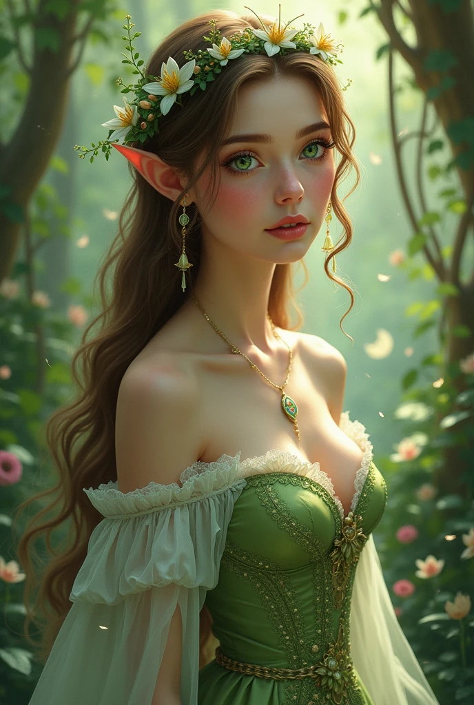 Uma mulher ruiva, vestido verde elegante, segurando uma flor, persephone in spring, fey queen of the summer forest, Deusa da Primavera, deusa flor, goddess of summer, Deusa da Natureza, the goddess of summer, elfa vestindo um terno da flor, estilo de arte de fantasia, Deusa da Floresta, flora humanoide, Deusa grega, persephone, Dryad elegante e bonita, elegante e bonita, obra-prima, melhor qualidade, (papel de parede CG unity 8k extremamente detalhado), (melhor qualidade), (best illustration), (melhor sombra), Absurdo, fantasia, mistic, mythological, flores, arte epica, Poses gloriosas, lindo brilho detalhado, brilho luminoso de fundo, detalhes insano, elf girl, detailed eyes, detailed face, detailed hands
