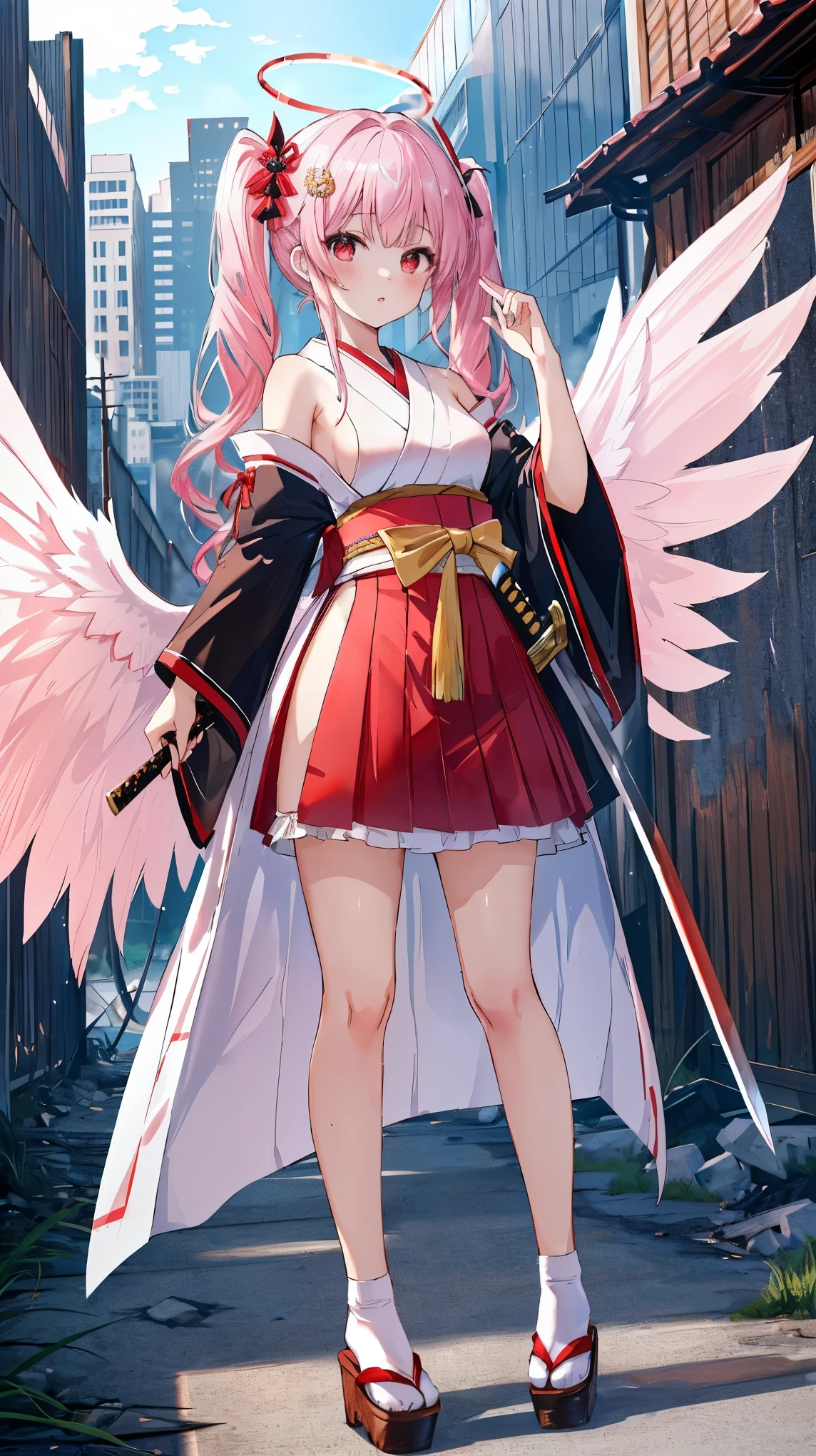 4K,High resolution,One Woman,Harpy,Pink Hair,Short Ponytail,Green Eyes,Big Breasts,White Wings,Golden toenails,Shrine maiden,White Shrine maiden outfit,hair band,Japanese Village