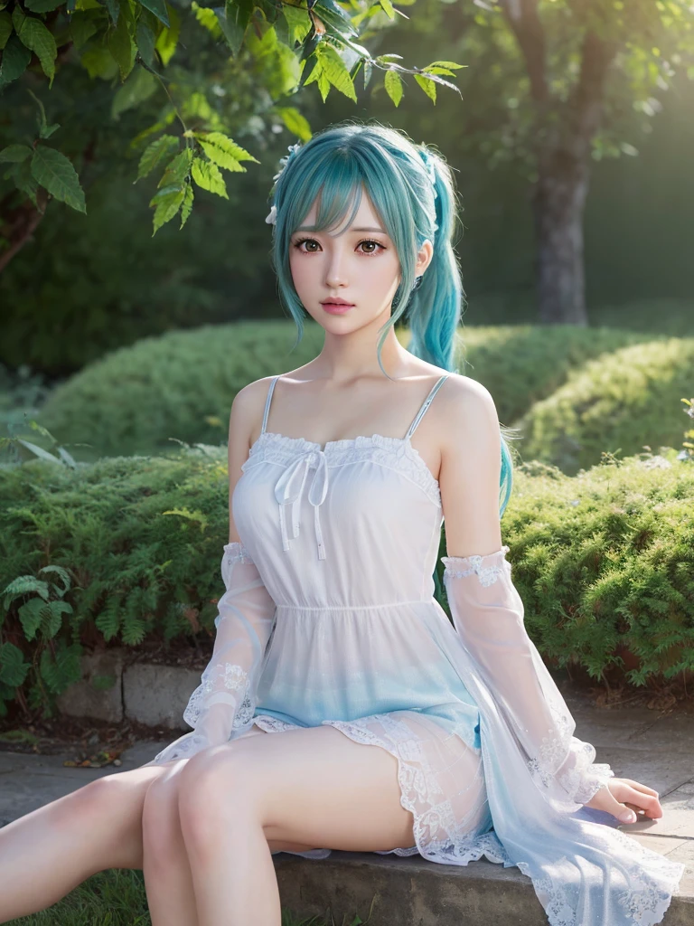 Best quality, ultra high resolution, (photo real: 1.4), Japan person, sky blue hair, long hair, blue eyes, sharp chin, (thin), small breasts, sitting, bend both knees, holding both knees, thin legs, white socks, light makeup, white cape, black string tie, sky blue dress, white lingerie visible under the dress, white down shoulder badge, princess line, smile, cute, stage, Small teardrop earrings, five fingers