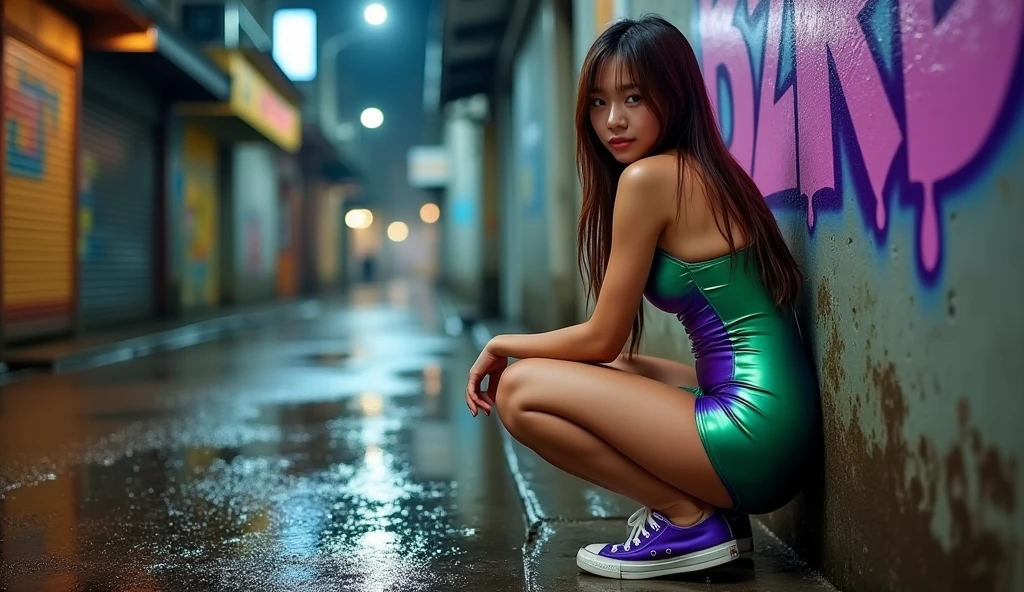 posterior view, fisheye street photography, shot from low angle, a beautiful Indonesian Chinese young woman squatting on the corner rundown urban street alley city night heavy rain atmosphere, face turned to smile kindly. she wearing a wet glossy chrome mirrored greenish-purple bodycon mini dress. wearing a converse sneakers. the camera focus on a bottoms, wet straight dark brown long hair style. perfect proportional women posture, (extremely chubby massive_bottoms, slim waist, extremely wide hip). graffiti purple paint text "BZTRD" on the wall, backlit, bokeh, beautiful Indonesian Chinese young woman, styles woman.