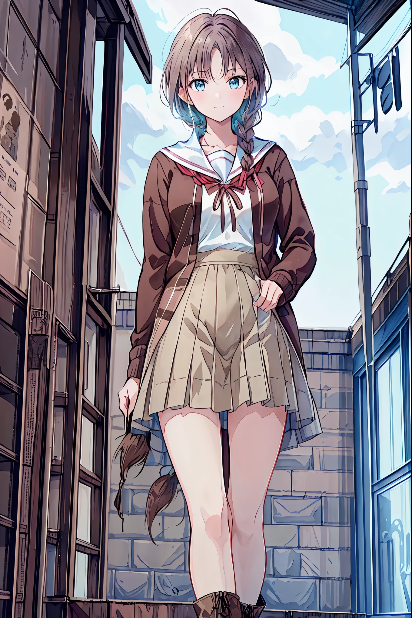  brown hair， shortcuts， messy hair ， Short Braided Hair ，Neat， slender beauty，Dignified posture， small breasts， beautiful legs with tails， her enchanting gray-blue eyes shine like stars， vibrant colors,  beautiful eyes ,繊細なsmile,textured skin, best quality ,  gentle and beautiful woman  , anime style､Irohaisshiki, Isshiki Iroha ,  long hair,  Short Braided Hair , ponytails bleeding from the vagina, brown hair, ( Brown Eyes :1.5), smile, muffler , Long Coat , sweater, long black skirt , black tights, Short Boots ,morning日,morning,Campus Life,On the way to school in winter,Cold Sky,that&#39;that&#39;s it's snowing ,
 to junk Outdoors , Around town,Destroying a city of buildings, looking at viewer,Enchanting gray-blue eyes shine like stars
breaking (masterpiece:1.2),  best quality,  high definition ,  unity 8k Wallpaper , (shape:0.8), (美しくて  beautiful eyes :1.6),   I have a very detailed face ,  perfect lighting,  Highly Detailed CG, (  perfect hand,   Perfect Anatomy  ),