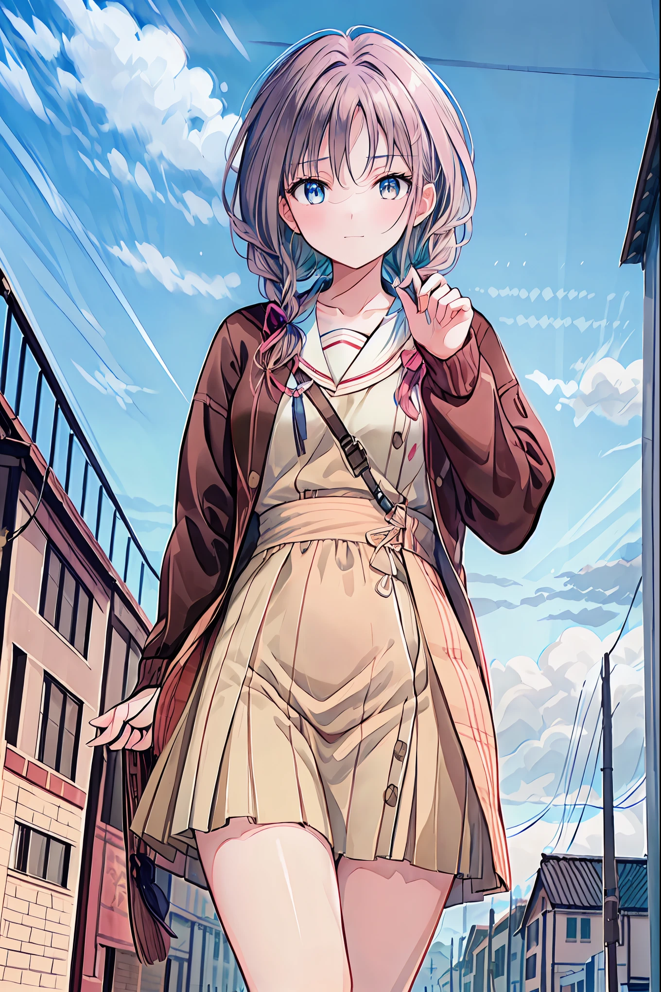  brown hair， shortcuts， messy hair ， Short Braided Hair ，Neat， slender beauty，Dignified posture， small breasts， beautiful legs with tails， her enchanting gray-blue eyes shine like stars， vibrant colors,  beautiful eyes ,繊細なsmile,textured skin, best quality ,  gentle and beautiful woman  , anime style､Irohaisshiki, Isshiki Iroha ,  long hair,  Short Braided Hair , ponytails bleeding from the vagina, brown hair, ( Brown Eyes :1.5), smile, muffler , Long Coat , sweater, long black skirt , black tights, Short Boots ,morning日,morning,Campus Life,On the way to school in winter,Cold Sky,that&#39;that&#39;s it's snowing ,
 to junk Outdoors , Around town,Destroying a city of buildings, looking at viewer,Enchanting gray-blue eyes shine like stars
breaking (masterpiece:1.2),  best quality,  high definition ,  unity 8k Wallpaper , (shape:0.8), (美しくて  beautiful eyes :1.6),   I have a very detailed face ,  perfect lighting,  Highly Detailed CG, (  perfect hand,   Perfect Anatomy  ),