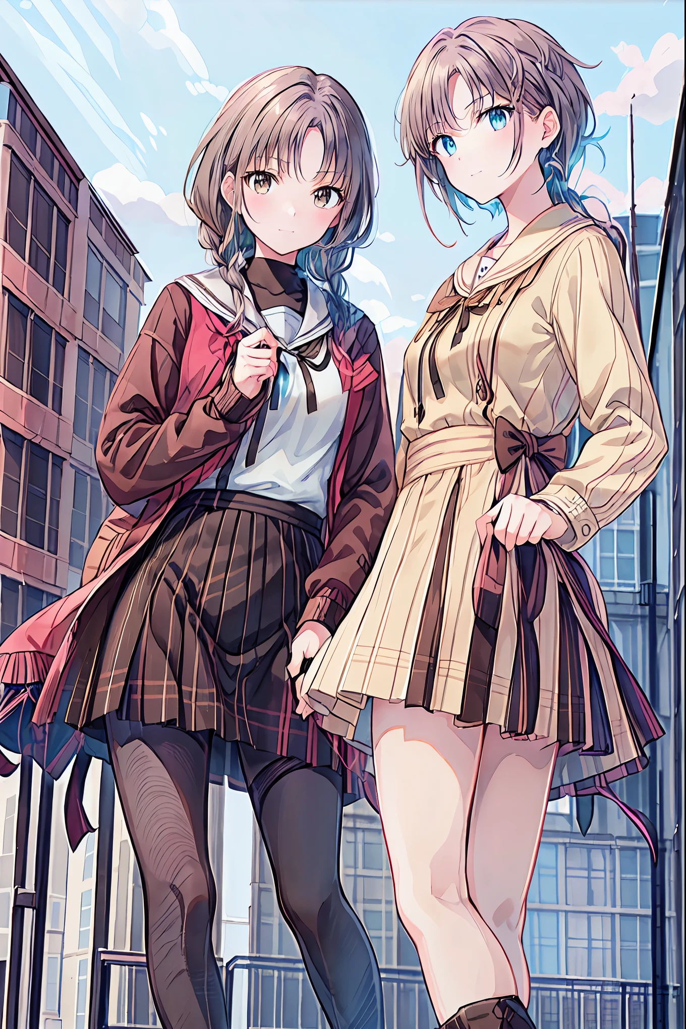  brown hair， shortcuts， messy hair ， Short Braided Hair ，Neat， slender beauty，Dignified posture， small breasts， beautiful legs with tails， her enchanting gray-blue eyes shine like stars， vibrant colors,  beautiful eyes ,繊細なsmile,textured skin, best quality ,  gentle and beautiful woman  , anime style､Irohaisshiki, Isshiki Iroha ,  long hair,  Short Braided Hair , ponytails bleeding from the vagina, brown hair, ( Brown Eyes :1.5), smile, muffler , Long Coat , sweater, long black skirt , black tights, Short Boots ,morning日,morning,Campus Life,On the way to school in winter,Cold Sky,that&#39;that&#39;s it's snowing ,
 to junk Outdoors , Around town,Destroying a city of buildings, looking at viewer,Enchanting gray-blue eyes shine like stars
breaking (masterpiece:1.2),  best quality,  high definition ,  unity 8k Wallpaper , (shape:0.8), (美しくて  beautiful eyes :1.6),   I have a very detailed face ,  perfect lighting,  Highly Detailed CG, (  perfect hand,   Perfect Anatomy  ),