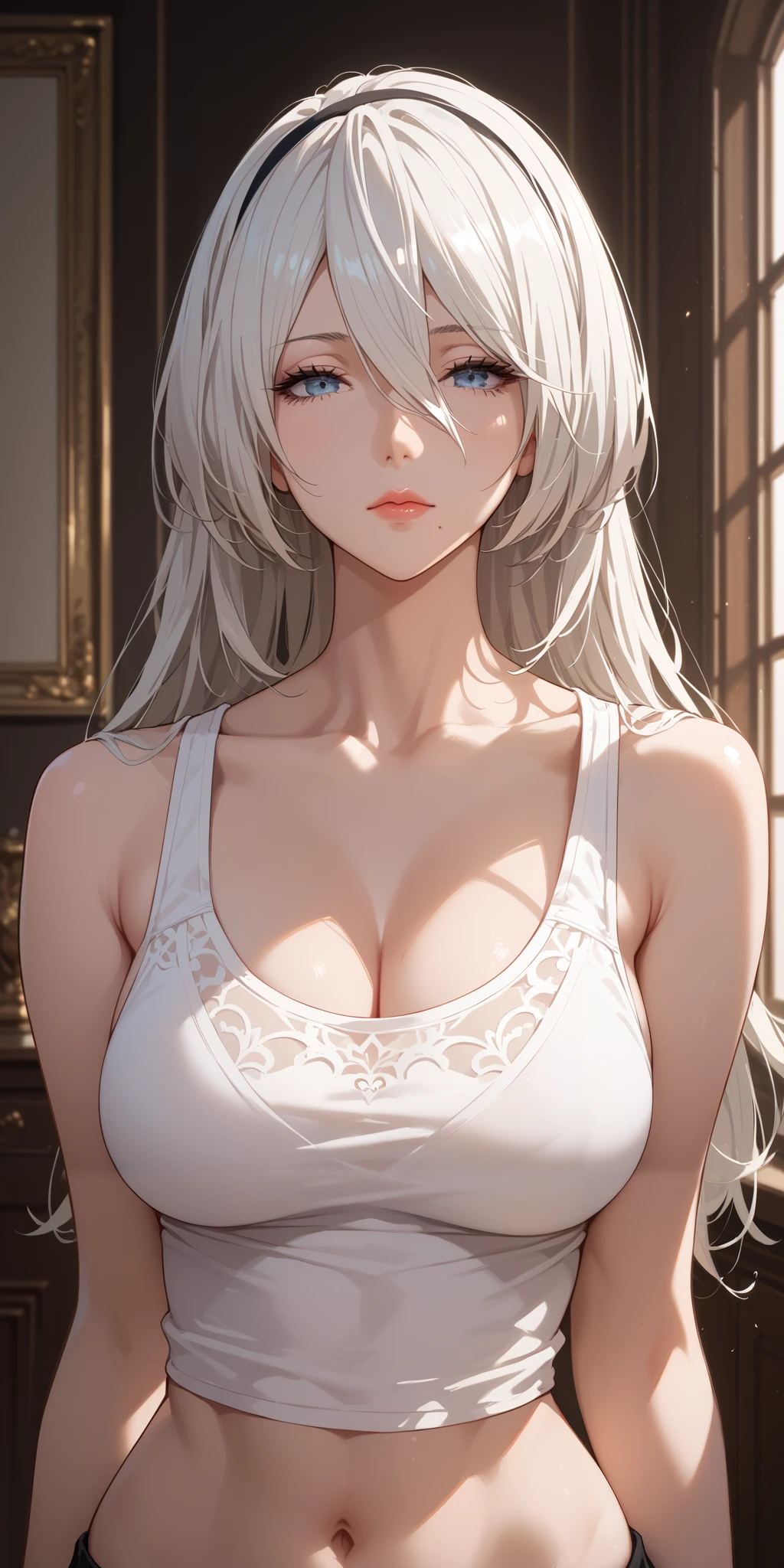 Score_9, Score_8_up, Score_7_up, Source_anime, anime art, anime style, very aesthetic, masterpiece, high quality, 1girl, cool character, mature woman, milf, curvaceous, mole under mouth, black tank top, navel, white hair, long hair, hair between eyes, expressionless, 2b, yorha no. 2 type b, home, soft light, upper body