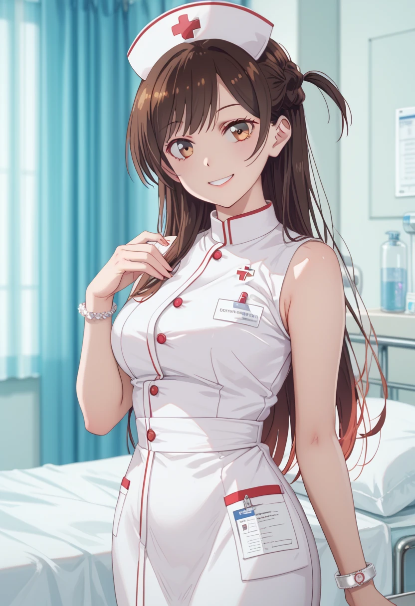 masterpiece, best quality, highres, chi1, 1girl, long hair, one side up, solo, bracelet, bangs, bare shoulders, nurses，hospitals，White nurse clothes，White nurse hat，looking at viewer，nurse, cowboy shot, smile,braid,chizuru ichinose