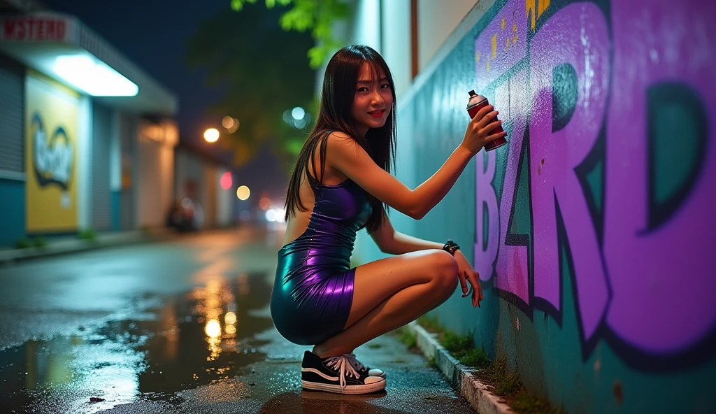 posterior view, fisheye street photography, shot from low angle, a beautiful Indonesian Chinese young woman squatting holding a spray paint on the rundown urban street alley city night heavy rain atmosphere, face turned to smile kindly. she wearing a wet glossy chrome mirrored greenish-purple bodycon mini dress. wearing a converse sneakers. the camera focus on a bottoms, wet straight dark brown long hair style. perfect proportional women posture, (extremely chubby massive_bottoms, slim waist, extremely wide hip). graffiti purple paint text "BZTRD" on the wall, backlit, bokeh, beautiful Indonesian Chinese young woman, styles woman.