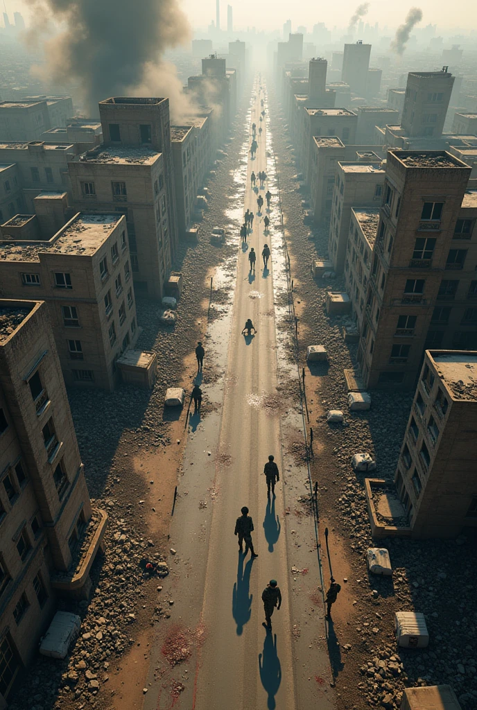 photo, a group of people walking down a street next to a pile of rubble (WarTorn style:1) <lora:djzWarTornV21:1>