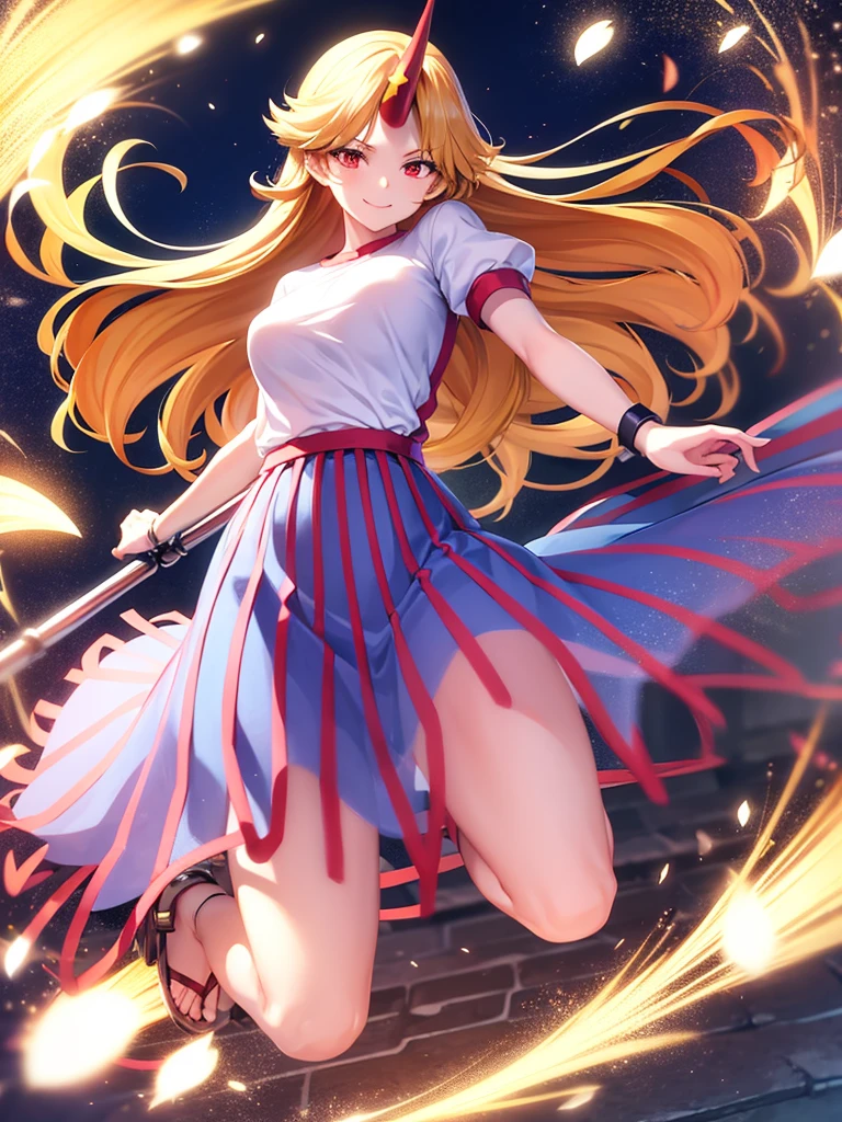 masterpiece, best quality,1girl, solo, hoshiguma yuugi, parody, horns, blonde hair, single horn, red eyes, long hair, full body, geta, torn clothes, cuffs, skirt, breasts, chain, smile, shirt, sandals, large breasts, star (symbol), medium breasts, t-shirt,