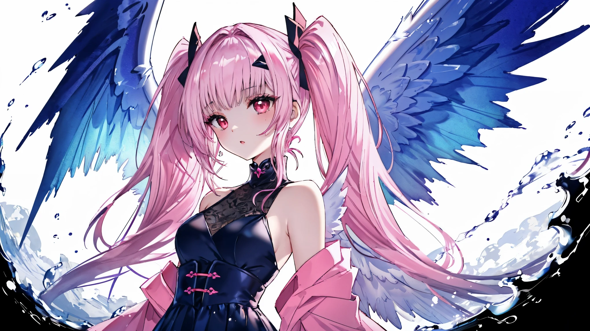  High Quality , masterpiece,   delicate hair  ,  Delicate Eyes,   delicate hair  , ((masterpiece, 最 High Quality )),  High Quality , masterpiece,   delicate hair  ,  Delicate Eyes,(Photo Original)， one girl who is at ease， Detailed description of the whole body，(( pink))， beautiful girl, (( pinkの long hair)),  twin tails, ((red eyes)), ( Angel Wings ),  realist, face,  small breasts, ((Dark blue dress)),   Mini Skirt, Unbelievably ridiculous, Short Strap,  written boundary depth ,  high definition ,  very detailed,student,  sharp concentration,  Film Lighting , Daikon, long hair,(loose  long hair), upper body,Ruins,  Strong Shadow  ,Ash,((Ink wAsh painting)),((ink splAshing)),((color splAshing)),