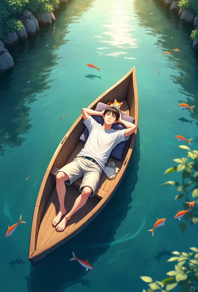 ((masterpiece)) ((photography)) ((Highest quality)) Create an anime-style realistic, long overhead view of a peaceful scene: a man sleeping on his back on a wooden boat gently floating in clear water. The man uses his hands as a pillow for his head, with a calm expression on his face. Next to him, a small orange and white cat lies comfortably on its back, enjoying the serenity. They both share the tranquility of the moment, surrounded by the fresh air and calm atmosphere. Below the boat, clear water reveals fish swimming lazily, adding to the soothing ambiance. The light is soft, casting a gentle glow over the scene, creating a sense of peace and relaxation.