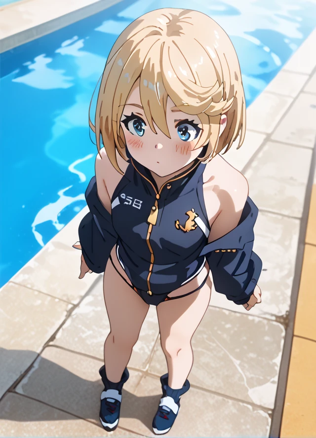 Blonde,  bangs between eyes,  bob hair,  blue eyes,  blush,  ahe face,  Very Small Breasts 、uniform、（uniformの下はメタリックブルーのビキニ）、Full body composition、 wide angle shot with lots of background、The background is the school pool.