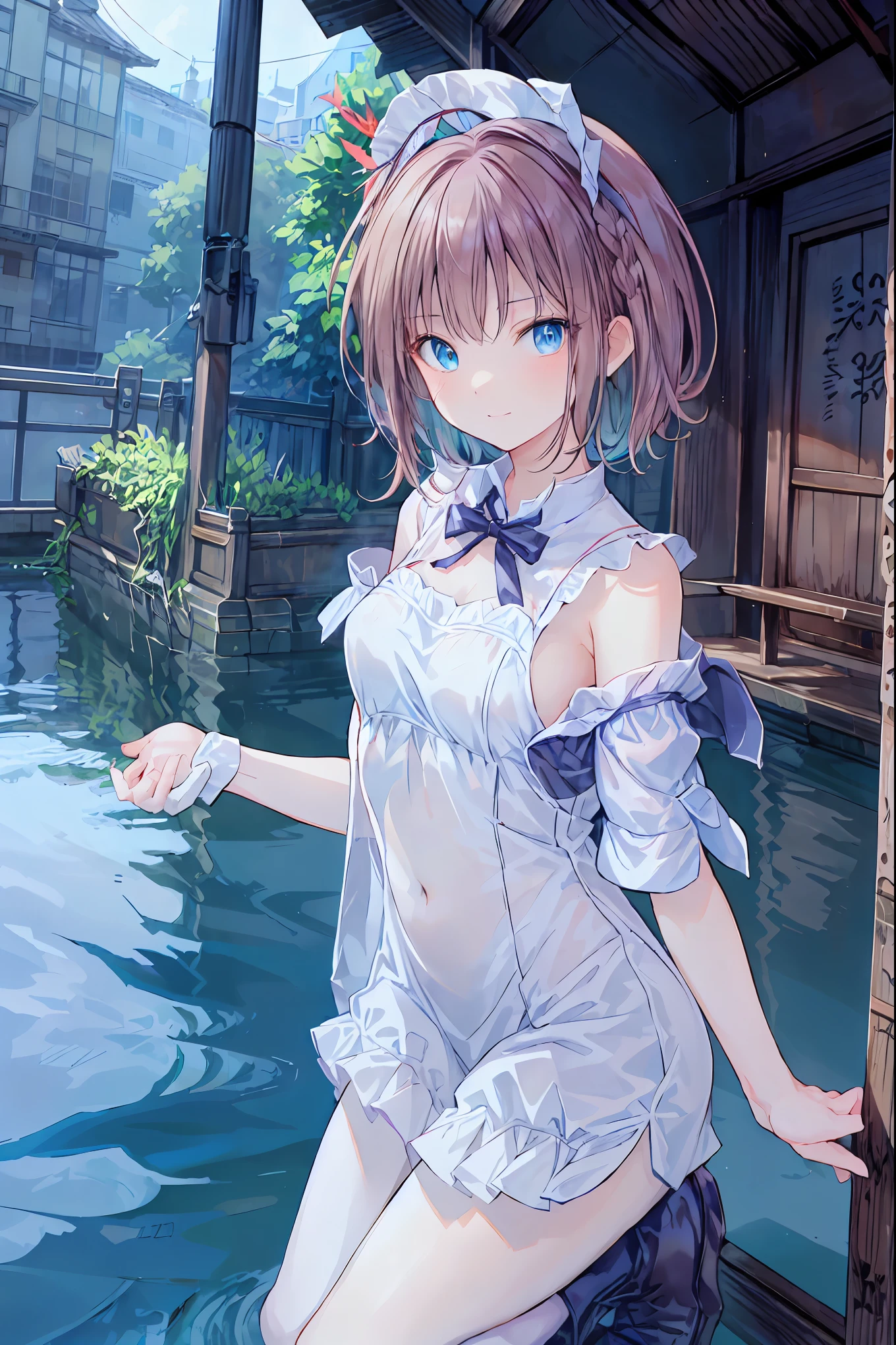 Claude Monet style, Impressionism, 1 Girl, Focus on the upper body, (White camisole dress), 14 years old, whole body, Silver short hair, Pool, Wet, ((bow)), Elf Ears, Pass the nipple through, transparent