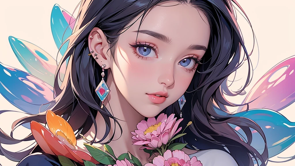 1girl,Lovely,Light and shadow,(Rainbow on the tip of the nose:1.1),(Rainbow on the face:1.3),(Japanese Furniture:0.9),Sunshine,Half-body,Depth of field,Top light,Light and shadow delicate,Flowers,Rainbow,