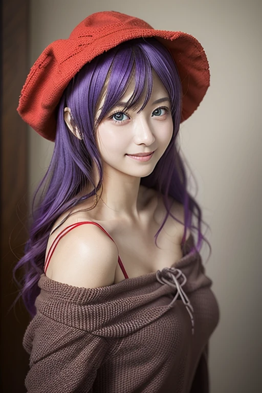 A woman with purple hair wearing a red dress and a purple hat poses for a photo, anime cosplay, Cosplayer, anime girl cosplay, Cosplay Photo,  looking at the camera、Detailed and beautiful eyes、 cute smile、 soft and gentle expression 