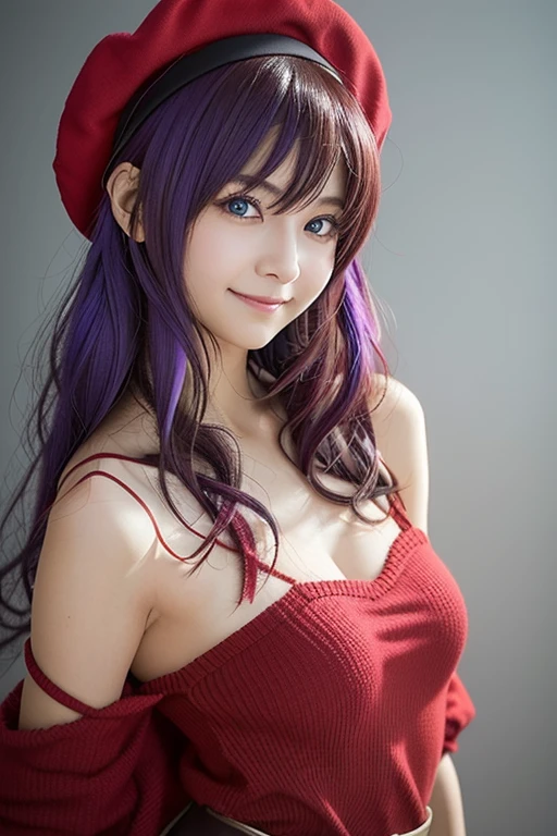 A woman with purple hair wearing a red dress and a purple hat poses for a photo, anime cosplay, Cosplayer, anime girl cosplay, Cosplay Photo,  looking at the camera、Detailed and beautiful eyes、 cute smile、 soft and gentle expression 