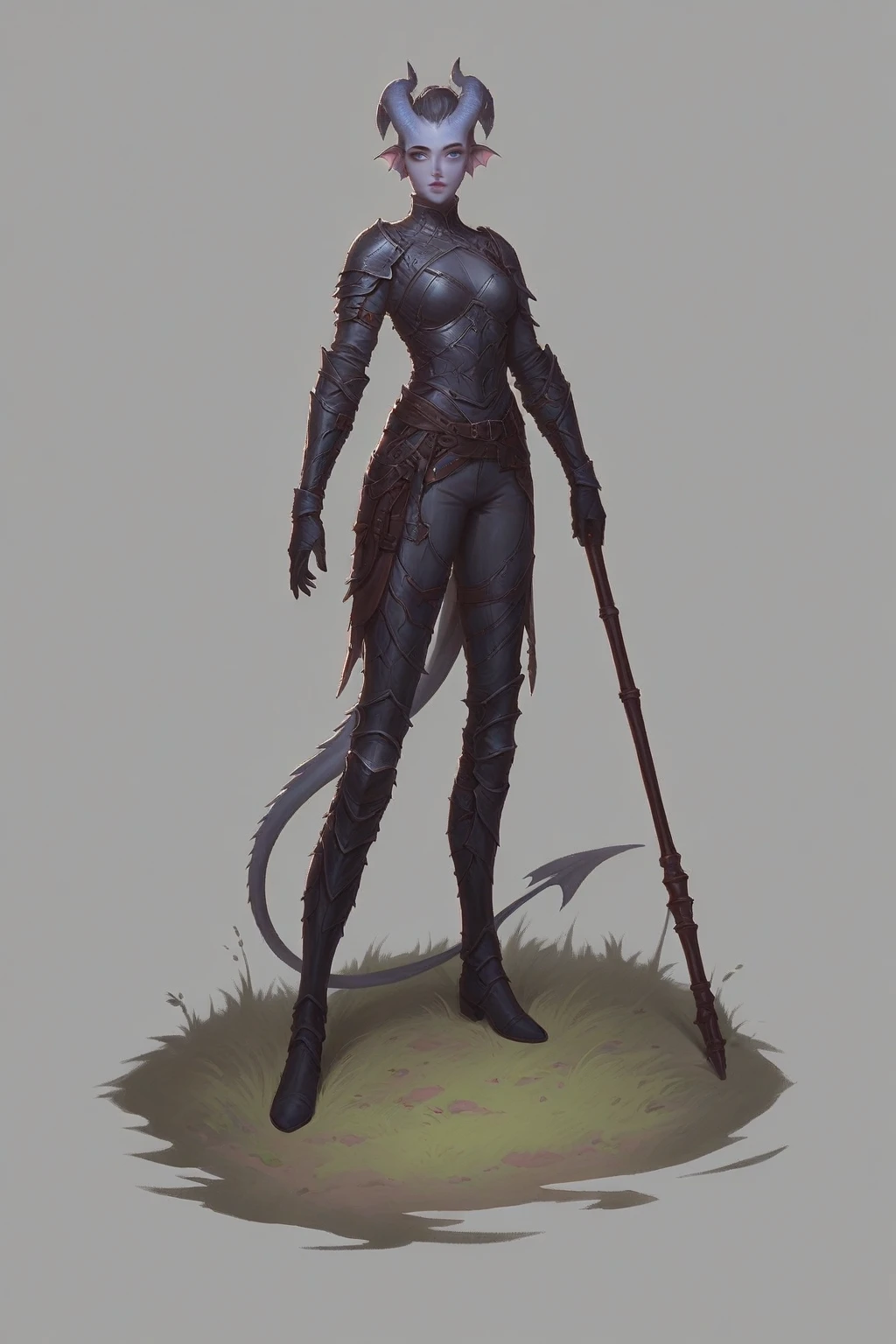 The dark forest ,  grows cedar  , spines everywhere and long winding roots stand in the water on the edge of a cliff with their backs half a turn. (1Тiefling  , ( dark blue-gray skin The full-length body ),    expressive face    , With fins on the head.   Curious    ( black and blue eyes  ) , (30 years old) , (  small thick dark gray segmented straight horns   ,  girl ,  dark grey hair ,   small nose  , small lips, (( dark blue leather )), (((( a long fat dragon armored blue-gray tiefling tail with a brush)))), (easy ,   full-body grey leather armor ,  gray leather armor ), dark gray trousers), ((One)),  (you have a wooden staff in your hand, long ) full length, , blue tones (( is half-turned ,   view from above  ,  looks from behind with its back with its back))   Epic digital fantasy art style  ,   epic fantasy style  ,   very detailed artgerm work , (Fantasy 4k art), anime art,   fine art . 