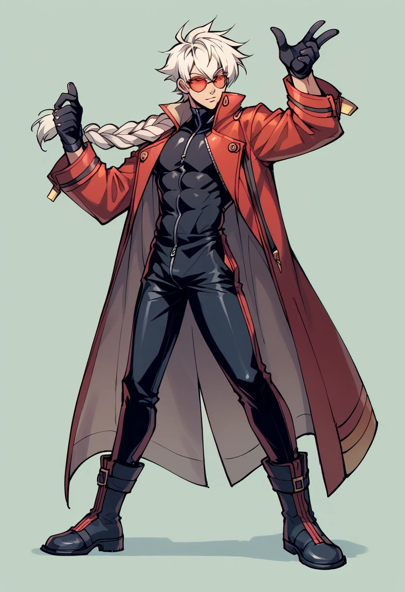 Blazblue anime ,((Best Character Design)) ,human Male,((oc)) ,Clear Skin , round Red SunGlasses , white hair,long braided ,zip Red Coat  , Black Gloves  , Black boots , Full body ,pose , Black shirt , Black Pants 