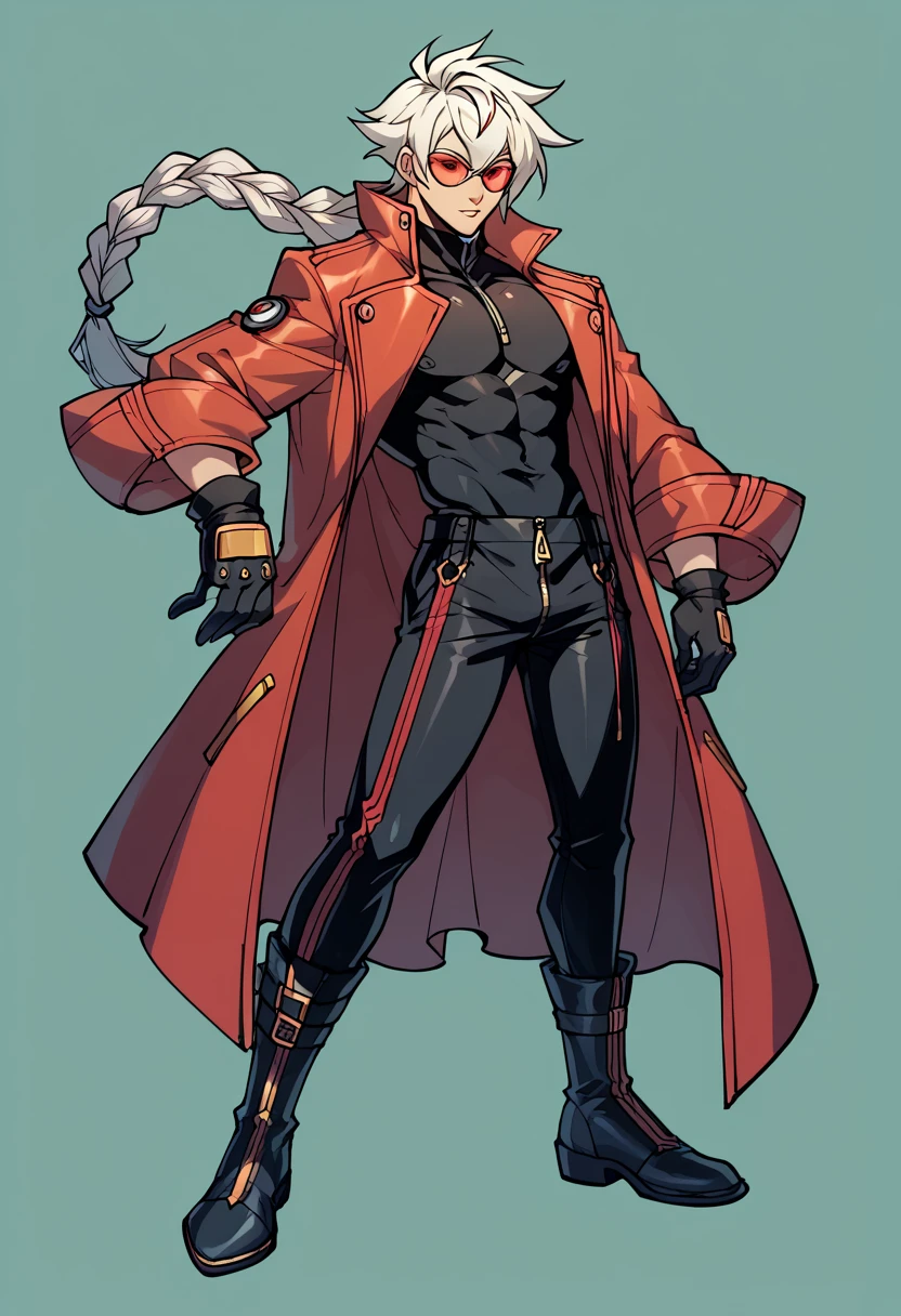 Blazblue anime ,((Best Character Design)) ,human Male,((oc)) ,Clear Skin , round Red SunGlasses , white hair,long braided ,zip Red Coat  , Black Gloves  , Black boots , Full body ,pose , Black shirt , Black Pants 