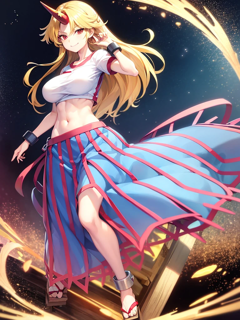 masterpiece, best quality,1girl, solo, hoshiguma yuugi, parody, horns, blonde hair, single horn, red eyes, long hair, full body, geta, torn clothes, cuffs, skirt, breasts, chain, smile, shirt, sandals, large breasts, star (symbol), medium breasts, t-shirt,