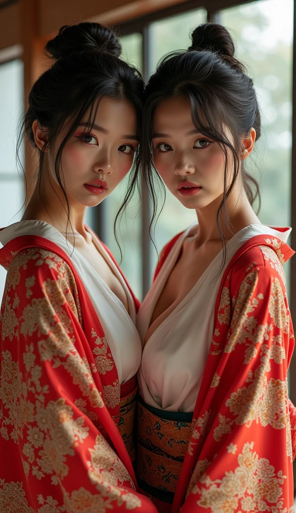 Asian、model、Black Hair、Long Hair、Big Breasts、Topless、kimono、Two women hugging each other、Japanese-style room