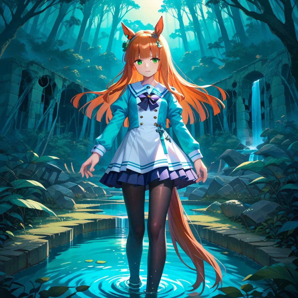 Night Forest, Terrible Water , Ruins covered with ivy, waterfall, lake, Standing alone anime girl, (masterpiece, highest quality, Every detail, Fantastic lighting, Depth of written boundary), (Perfect hands,Perfect legs,  complete anatomy), silence suzuka \(Uma Musume\), green eyes, horse tail, (short height, small breast),  Horse Girl ,  orange hair,  straight hair, Horse ears, 緑色のHorse earsカバー,  black pantyhose, shobu _fuku, Make people clear