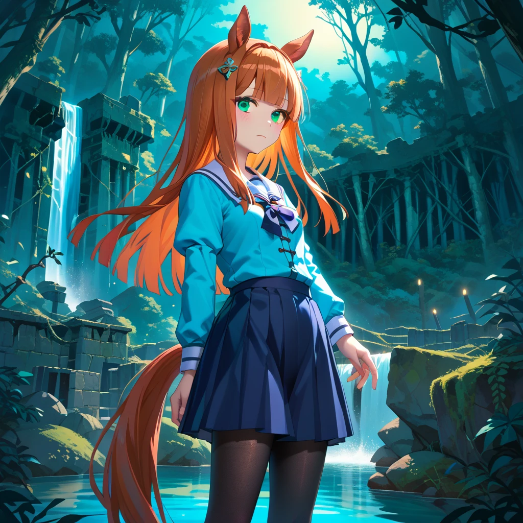 Night Forest, Terrible Water , Ruins covered with ivy, waterfall, lake, Standing alone anime girl, (masterpiece, highest quality, Every detail, Fantastic lighting, Depth of written boundary), (Perfect hands,Perfect legs,  complete anatomy), silence suzuka \(Uma Musume\), green eyes, horse tail, (short height, small breast),  Horse Girl ,  orange hair,  straight hair, Horse ears, 緑色のHorse earsカバー,  black pantyhose, shobu _fuku, Make people clear