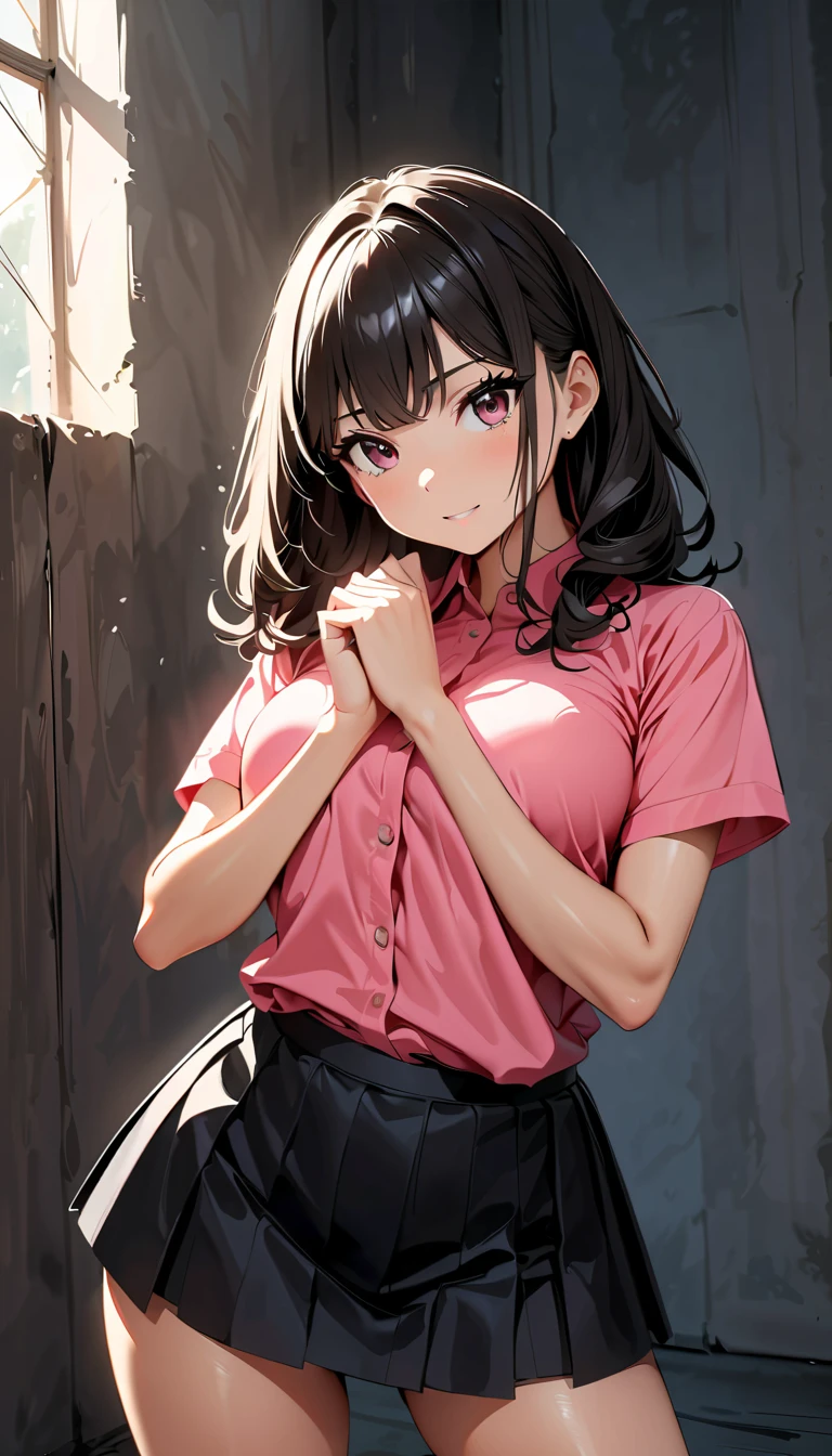(masterpiece, best quality),
1girl, standing, undressing, hands on chest, cowboy shot,,
BREAK girl, 18yo, (medium breasts:1.1), black hair, (medium hair:1.2), (curly hair:0.9), blunt bangs,
pink eyes, ultra detailed eyes,(tareme:1.1),
half-closed eyes, blush
BREAK (school uniform), (white collared shirt, plain pattern shirt, short sleeves, white sleeves, shirt tucked in:1.2), (red plain pattern neck ribbon, narrow neck ribbon:1.1), (open clothes:1.2),pink bra
BREAK (black and grey plaid pattern skirt:1), (pleated skirt, miniskirt:1.2),
BREAK office,