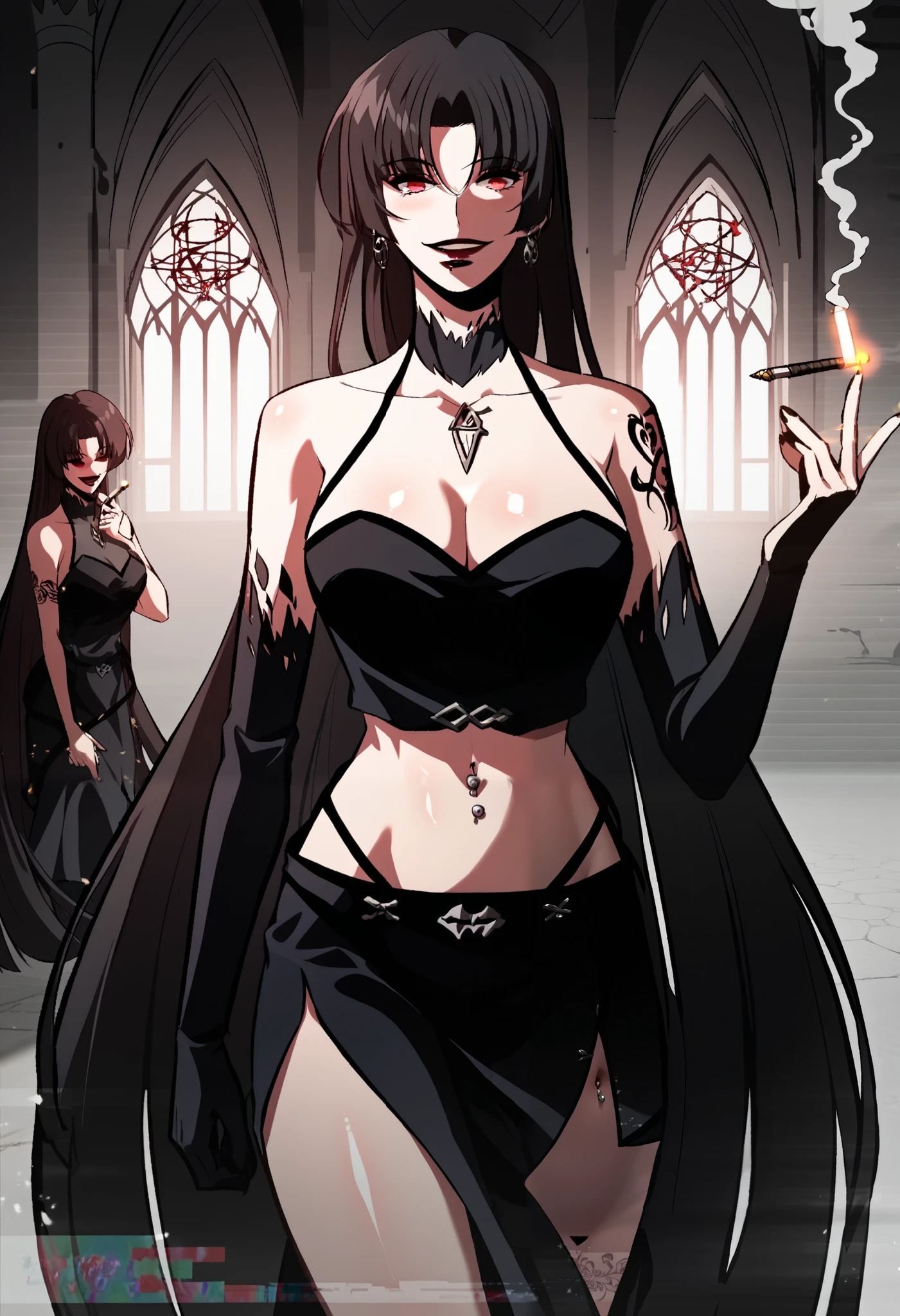 Moebius, red eyes, black hair, very long hair,  large breasts, ear piercing, long hair, blush, lipstick,Hot girl, baddie, bad attitude, mean girl,smoking, sensual, attractive,masterpiece, best quality, highly detailed, fantasy , a anime girls in armored dress holding a sword
posing for a picture, evil smile, smile, open mouth, breastplate with open cleavage, cleavage, warrior
outfit, ecchi anime style, anime girls, ecchi style, (nsfw) not safe for work, ecchi, digital anime art!!, in
anime style, official artwork, visual novel cg, beautiful anime girl, anime style 4 k , loincloth, exposed
belly, exposed navel, exposed midriff, exposed lower belly, pencil skirt armored, castle,inside castle,,navel piercing , tattoo on body, tattoo midriff, rose tattoo, shiny skin