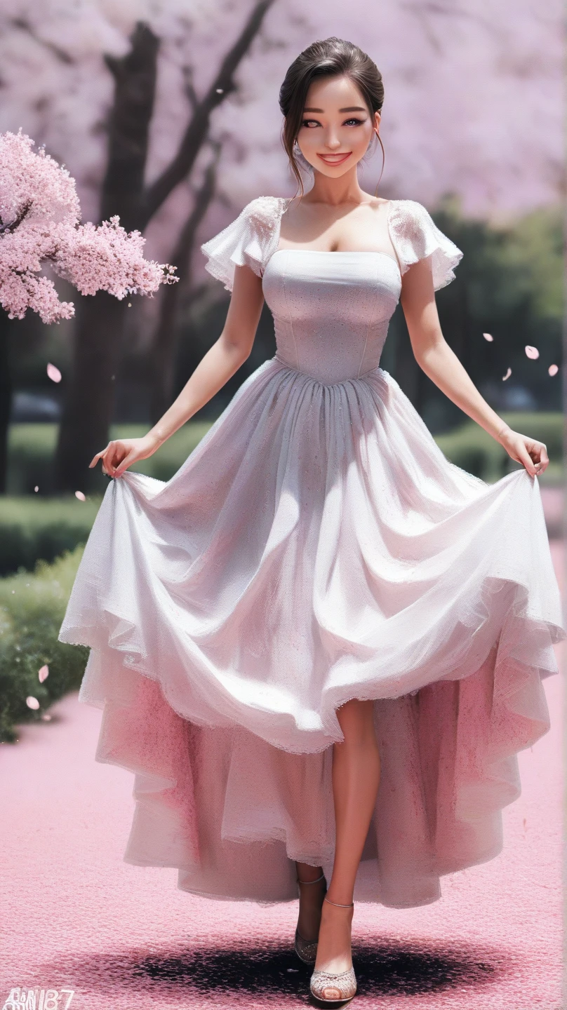  A beautiful busty woman wearing vivid color luxury dress in storm of Petals, fully clothed, full blossom's trees in the park, smile, full body shot, front view, 
score_9,score_8_up,score_7_up,masterpiece,highest quality, source_anime, realistic, super detailed, extreme detailed, rating_explicit, 