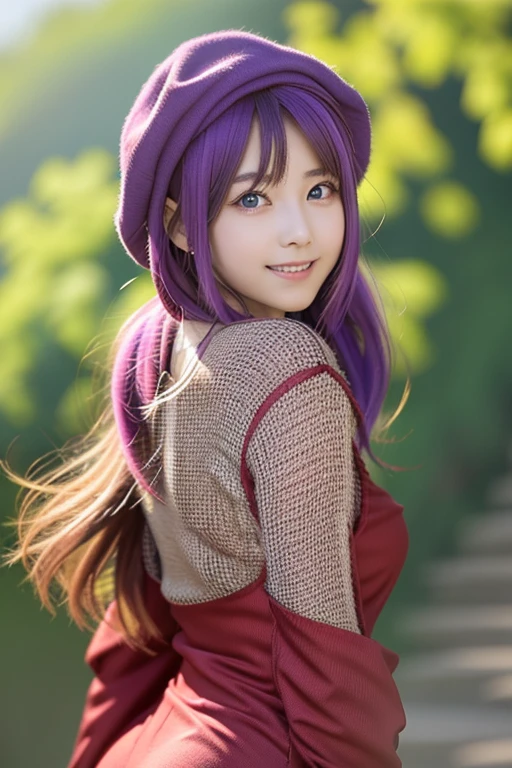 A woman with purple hair wearing a red dress and a purple hat poses for a photo, anime cosplay, Cosplayer, anime girl cosplay, Cosplay Photo,  looking at the camera、Detailed and beautiful eyes、 cute smile、 soft and gentle expression 