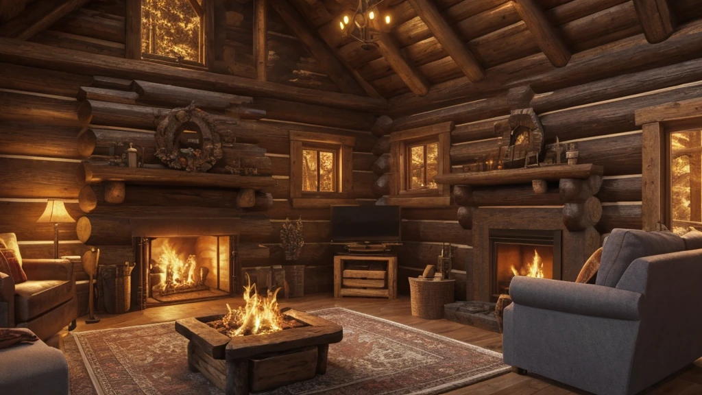 a cozy log cabin, a warm fireplace, glowing embers, flickering flames, wooden beams, rustic interior, winter landscape, snow-covered trees, golden hour lighting, FRONT VIEW camera angle, photorealistic, highly detailed, 8k, masterpiece, intricate details, dramatic lighting, moody atmosphere