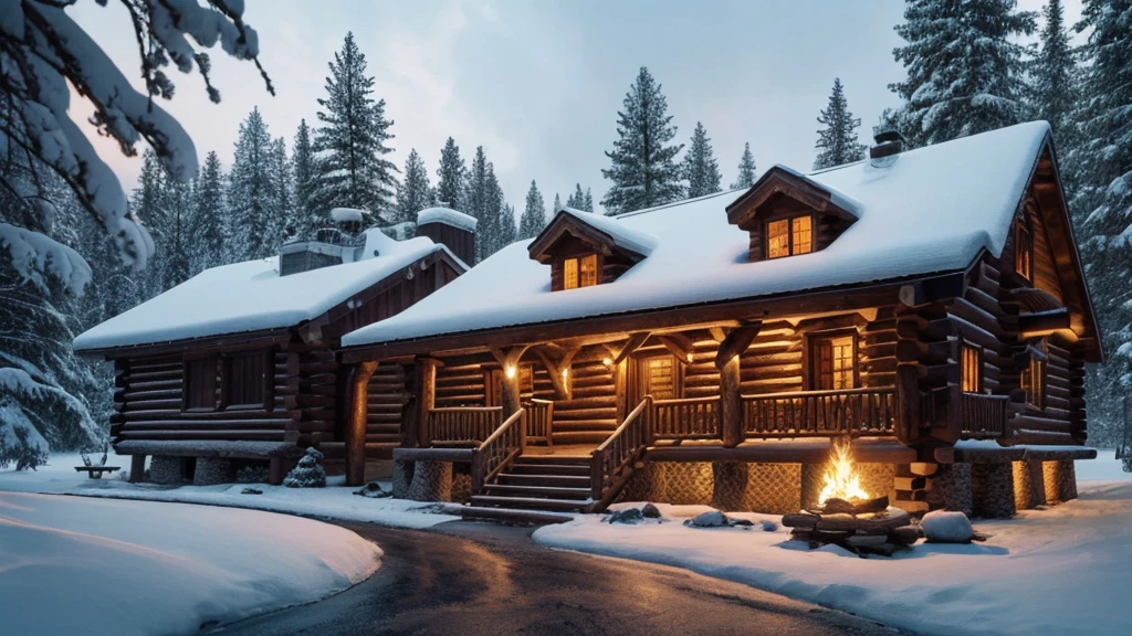 a cozy log cabin, a warm fireplace, glowing embers, flickering flames, wooden beams, rustic interior, winter landscape, snow-covered trees, golden hour lighting, FRONT VIEW camera angle, photorealistic, highly detailed, 8k, masterpiece, intricate details, dramatic lighting, moody atmosphere