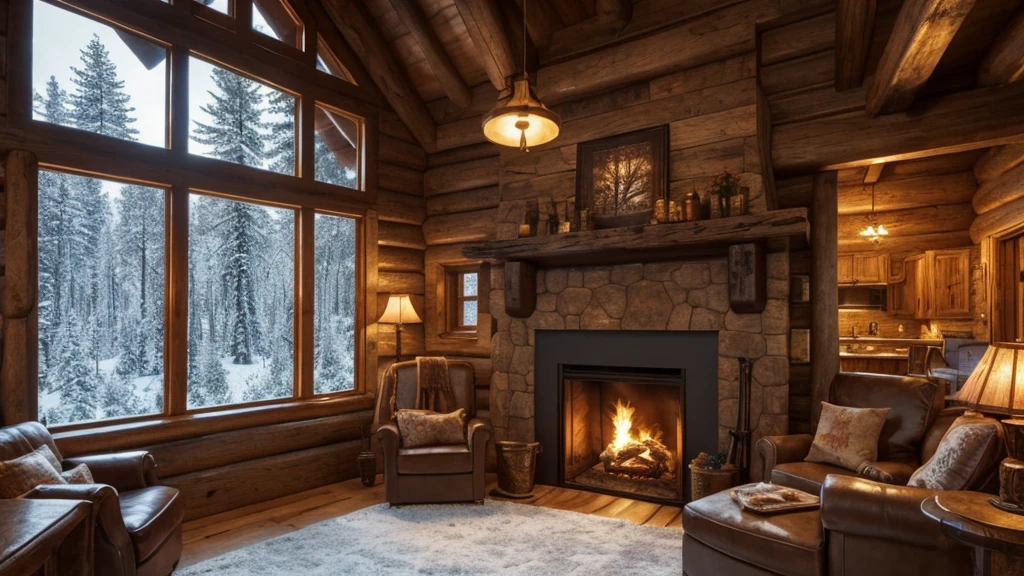 a cozy log cabin, a warm fireplace, glowing embers, flickering flames, wooden beams, rustic interior, winter landscape, snow-covered trees, golden hour lighting, FRONT VIEW camera angle, photorealistic, highly detailed, 8k, masterpiece, intricate details, dramatic lighting, moody atmosphere