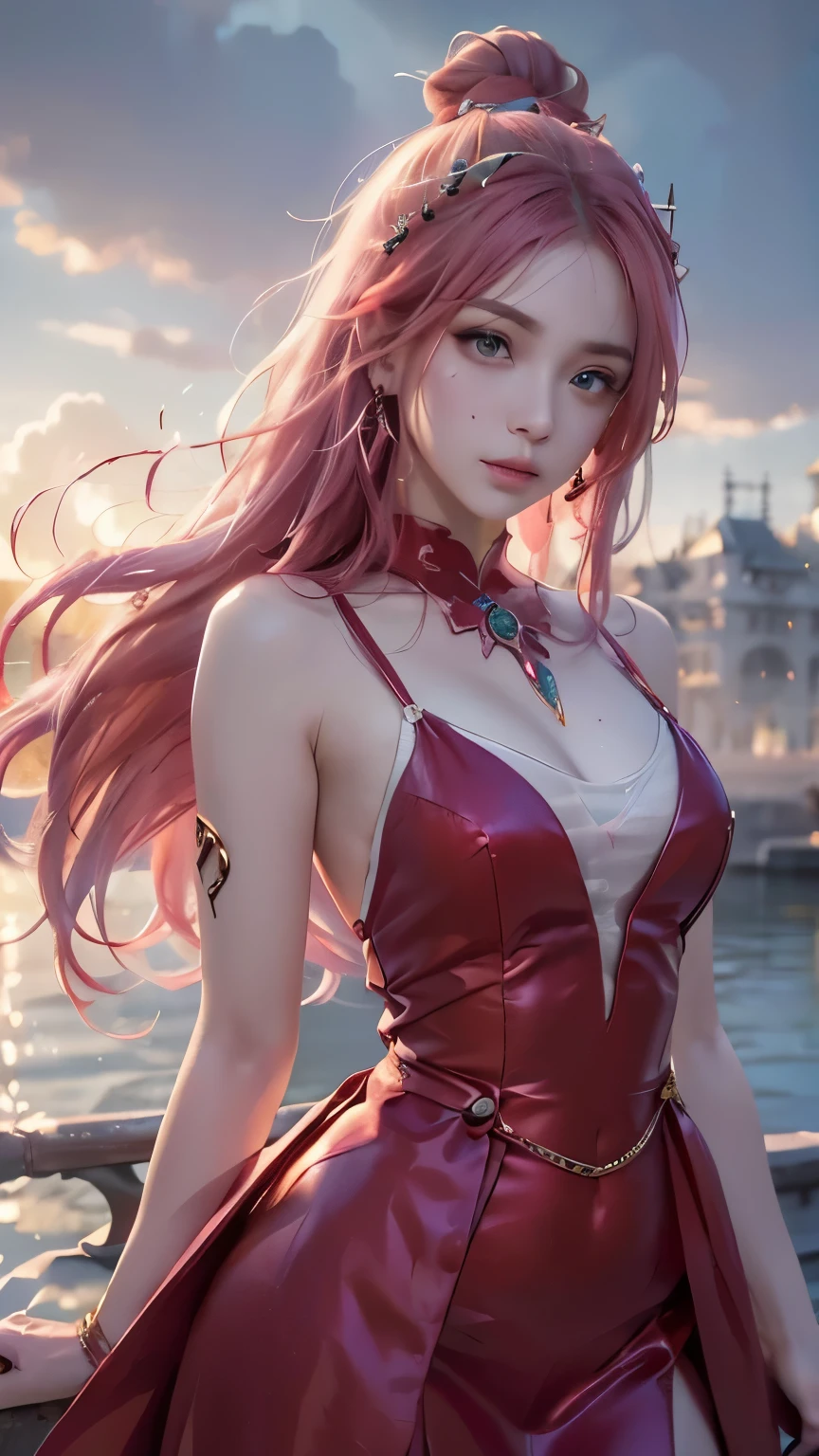 (logo、masterpiece、8k、Tabletop、RAW Photos、wonderful、最high quality、Photorealistic and very detailed CG integrated 8k wallpaper、high quality、Very detailed、Narrative poem、Particle Effects、Dynamic Effects、Depth of text、Cinematic Light、Lens flare、Ray Tracing）、Fantasy、（One girl, arms, sword, Long Hair, dress, water, alone, jewelry, red dress, Earrings, hair ornaments, water splash, Ultra-realistic upper body, Hair Bun, Pink Hair, Realistic city background, Lighting,frank