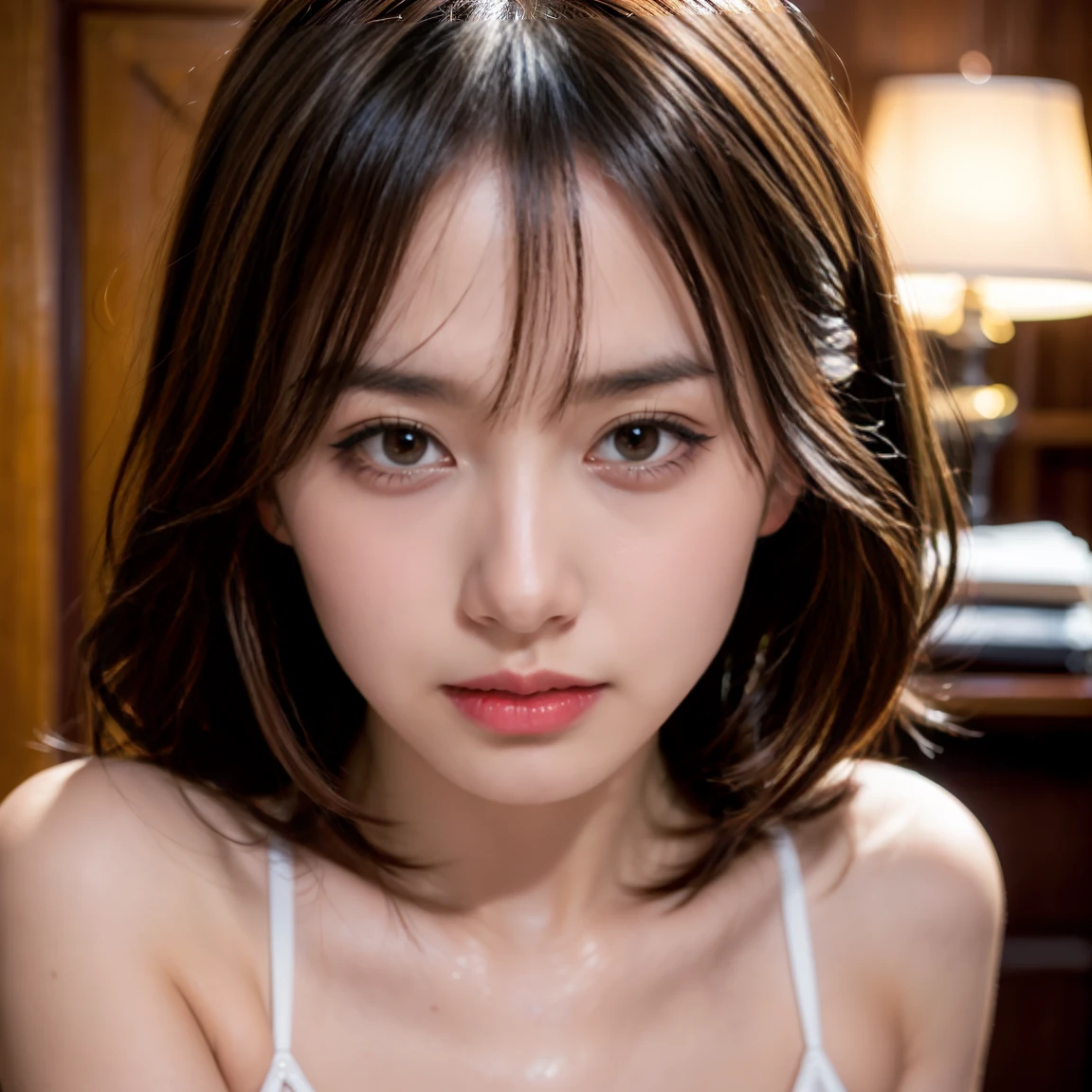 masterpiece、1 beautiful girl、 (reality: 1.4), Japanese、Asian Beauty、so beautiful、Beautiful Skin、thin、(Ultra-realistic)、(High resolution)、(8k)、(Very detailed)、(Very detailed)、Big eyes、Brown eyes、Long eyelashes、Thick eyebrows、Detailed face、Gloss Lip,Bright lighting、Professional Lighting、Looking into the camera、Dimpleole、Look straight ahead、Short Hair、Brown Hair、Hotel、Tanuki face、actress、20-year-old、Small breasts、Wet Skin、Latex suit、Cleavage cutout、、Moist and realistic skin texture、Moist lips、Natural Shadows、Sit on the sofa in the living room,Spread your legs,Hotel,Thick legs、Luxurious Belly Meat、