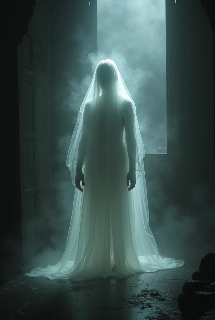 Ghostly Woman:
"A ghostly woman in a flowing white dress, with a blurred and terrifying face, standing in the middle of a dark hotel room. Her presence is cold and menacing, with a faint, ominous glow around her."


