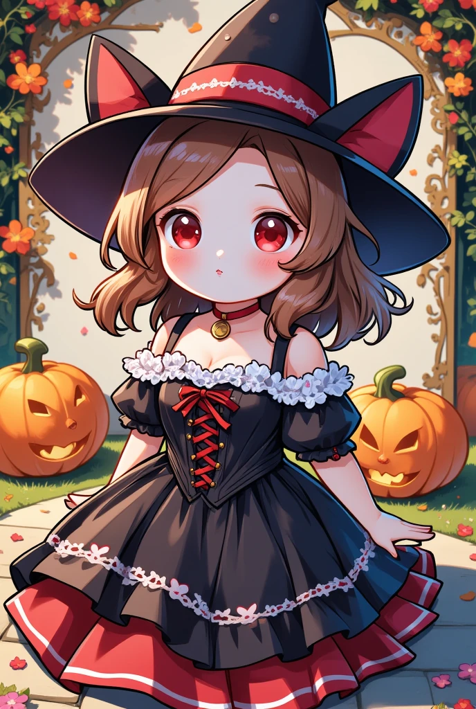 busty and sexy girl, 8k, masterpiece, ultra-realistic, best quality, high resolution, high definition, halloween, witch dress, witch hat, pumpkins, Victorian fashion, Rococo fashion, black corset with red ribbon lacing, purple lace details on the sleeves, Puffed sleeves, ornate flower frame background, historical vibe, historical fashion with fantasy elements,lolita