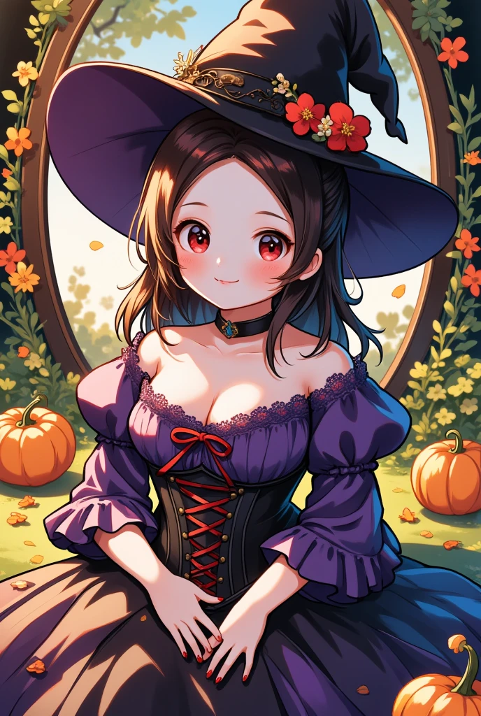 busty and sexy girl, 8k, masterpiece, ultra-realistic, best quality, high resolution, high definition, halloween, witch dress, witch hat, pumpkins, Victorian fashion, Rococo fashion, black corset with red ribbon lacing, purple lace details on the sleeves, Puffed sleeves, ornate flower frame background, historical vibe, historical fashion with fantasy elements,lolita