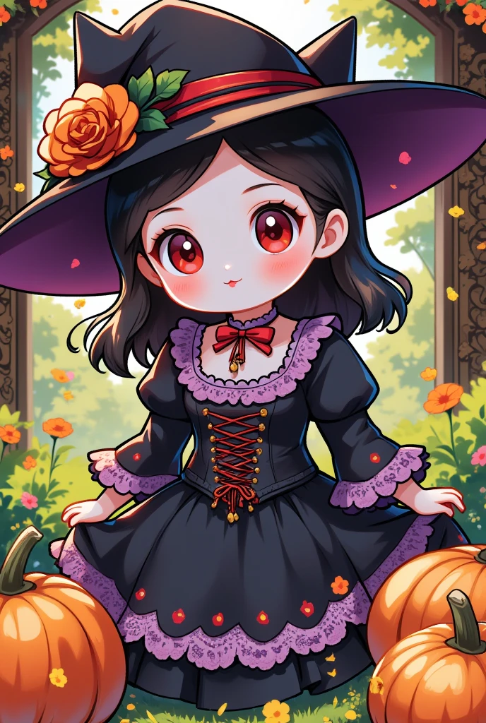 busty and sexy girl, 8k, masterpiece, ultra-realistic, best quality, high resolution, high definition, halloween, witch dress, witch hat, pumpkins, Victorian fashion, Rococo fashion, black corset with red ribbon lacing, purple lace details on the sleeves, Puffed sleeves, ornate flower frame background, historical vibe, historical fashion with fantasy elements,lolita