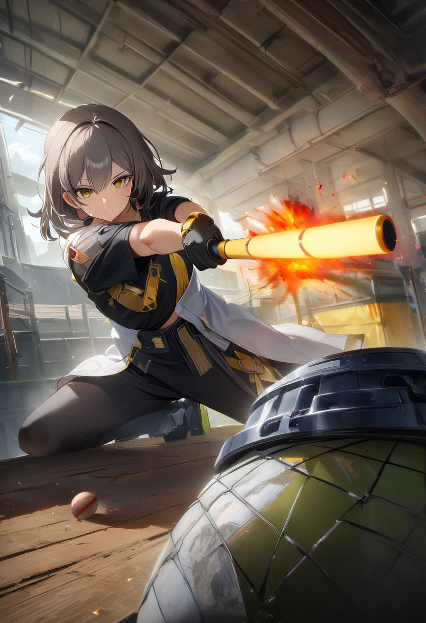 1 girl , solo, long gray hair, yellow eyes, xing costume, ((aiming a baseball bat at point of view)),  (masterpiece,top-quality,Ultra-high resolution output image), (The 8k quality), (Image Mode Ultra HD),